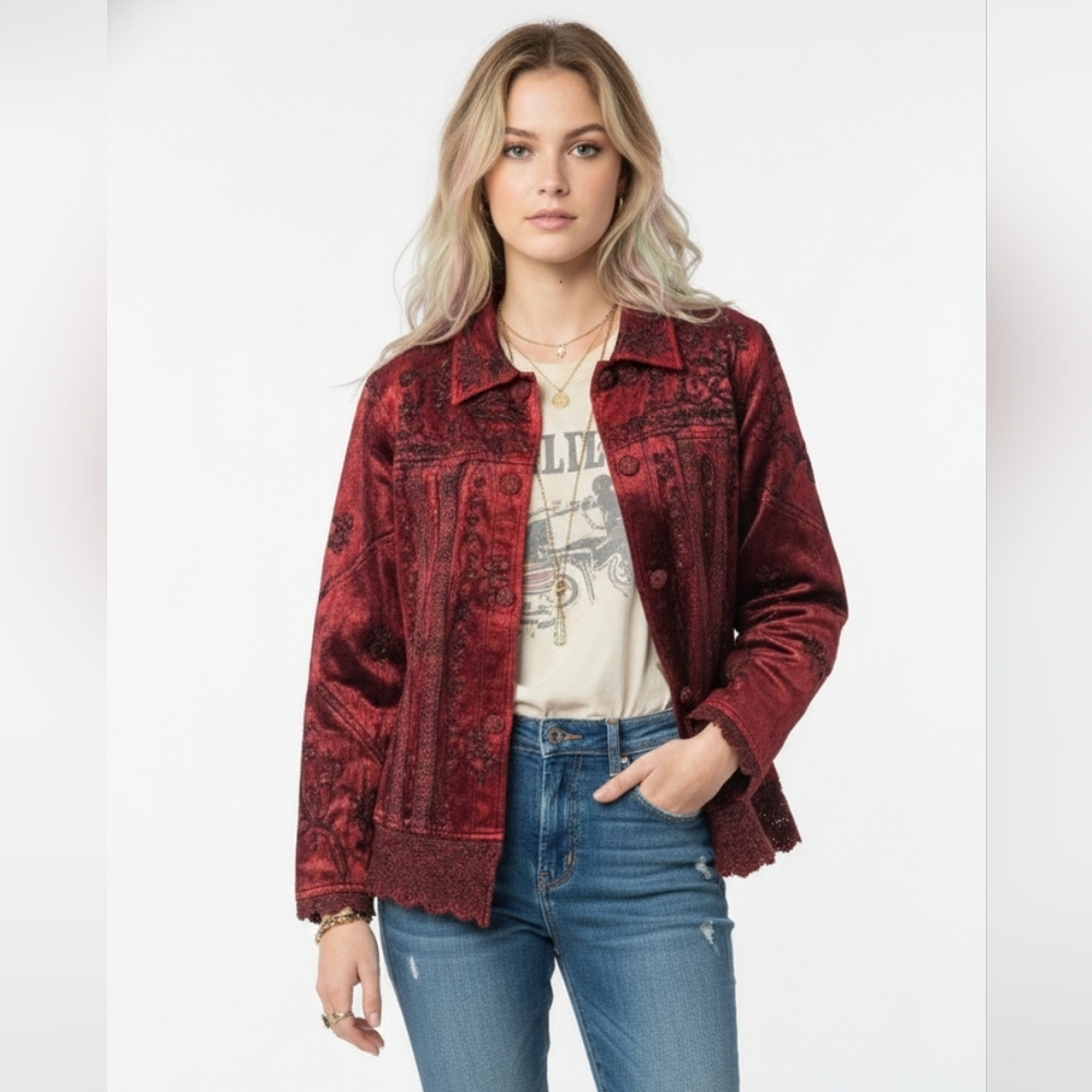 Flashback Ruby Red Beaded Crochet Embroidered Floral Boho Jacket Goth M+